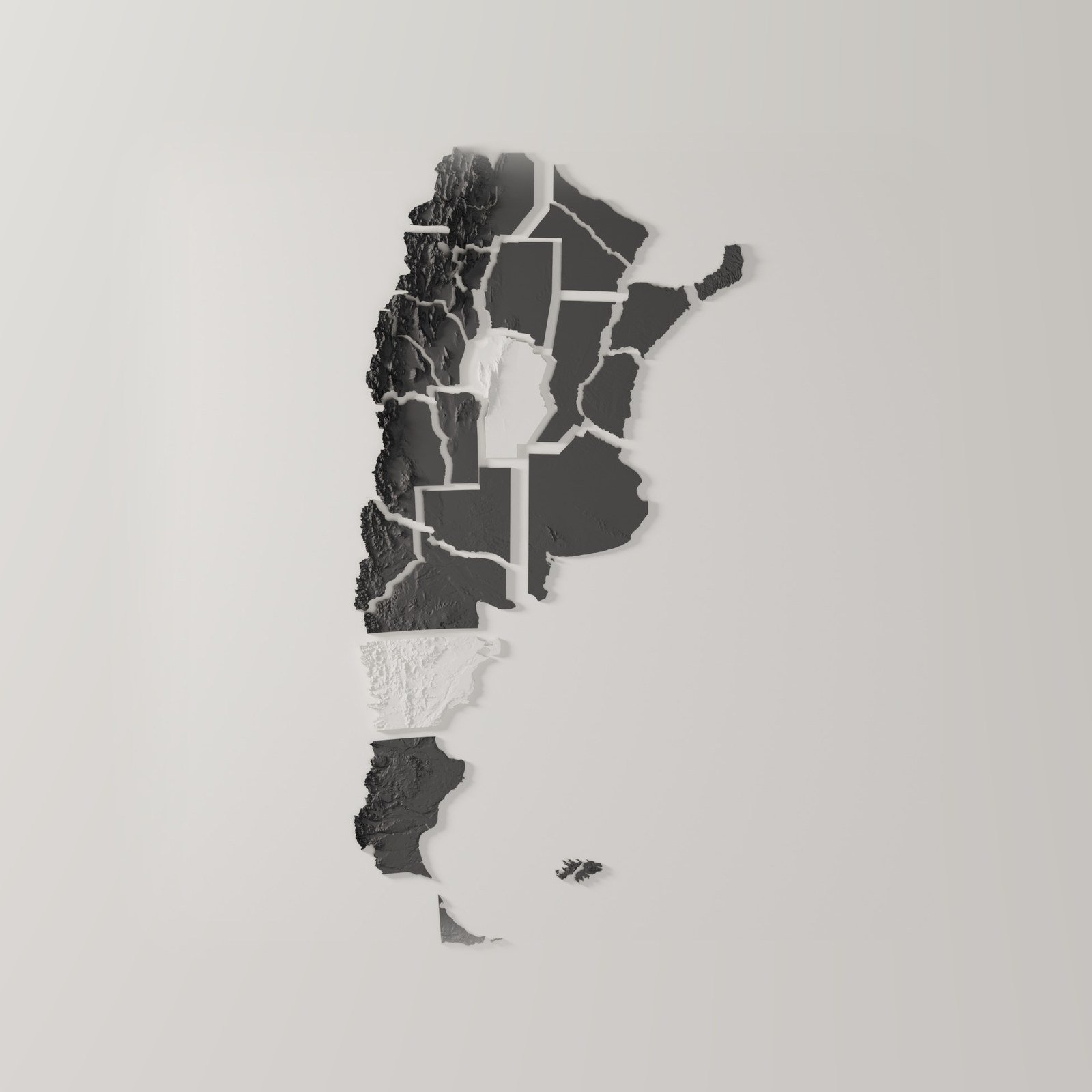 Argentina en relieve blanca con provincias destacadas en negro